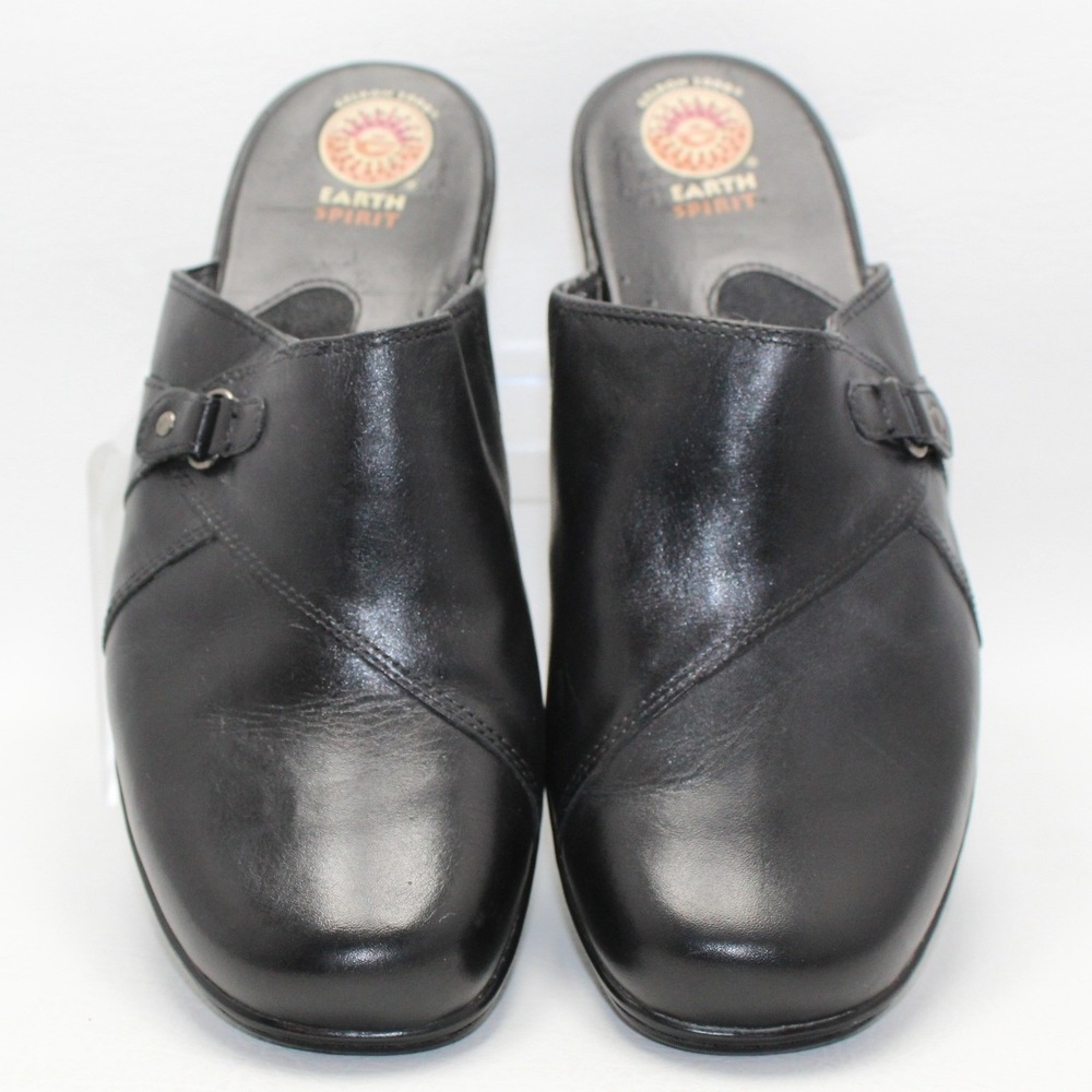 Earth Spirit Molly Black Leather Mules Low Wedge Clogs Womens 11 2577036